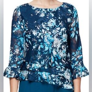 Alex Evening Blue Floral Chiffon Top Medium Petite Asymmetrical Formal Blouse‎